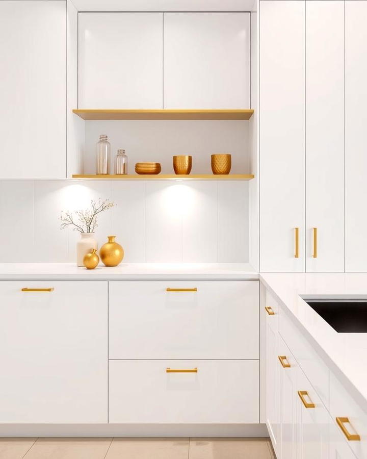 White Flat Front Cabinets with Gold Minimalist Pulls