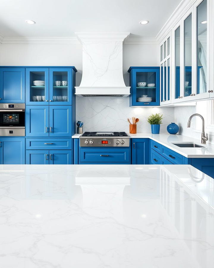 White Marble Countertops with Blue Accents