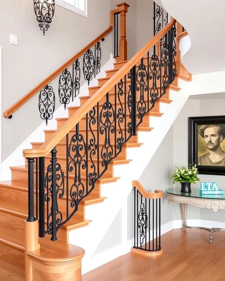 White Oak Stairs with Wrought Iron Details