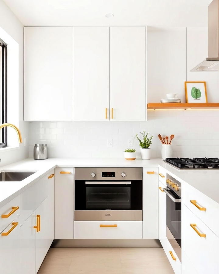 White Slab Cabinets with Subtle Gold Finger Pulls