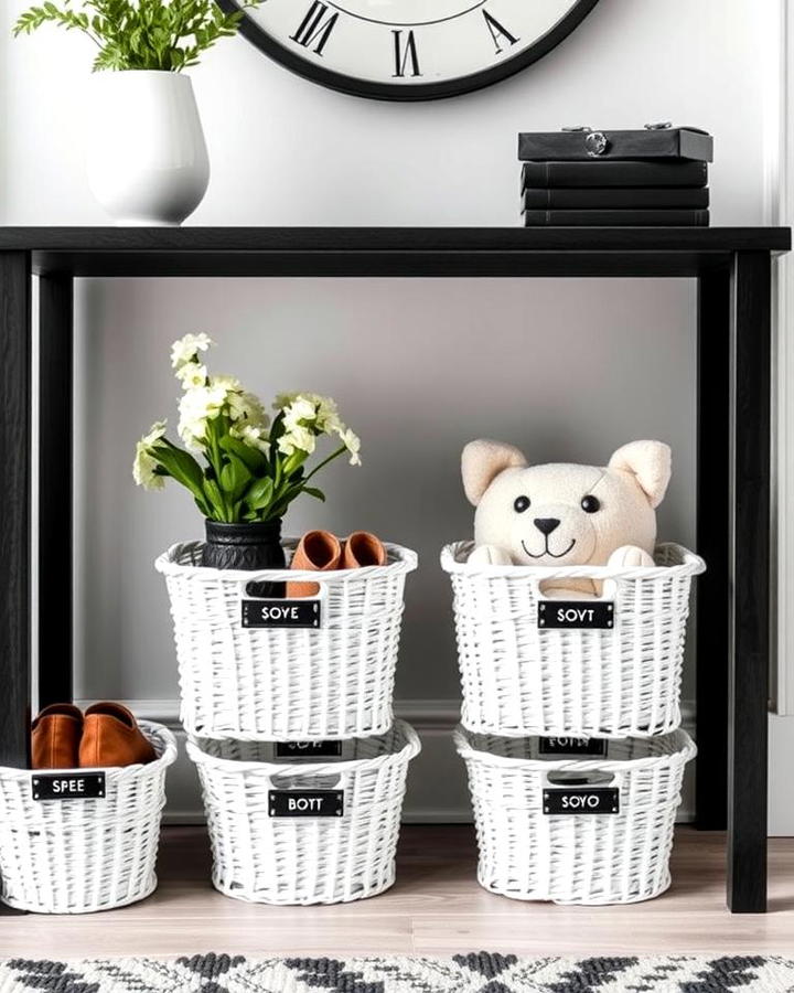 White Storage Baskets with Black Labels