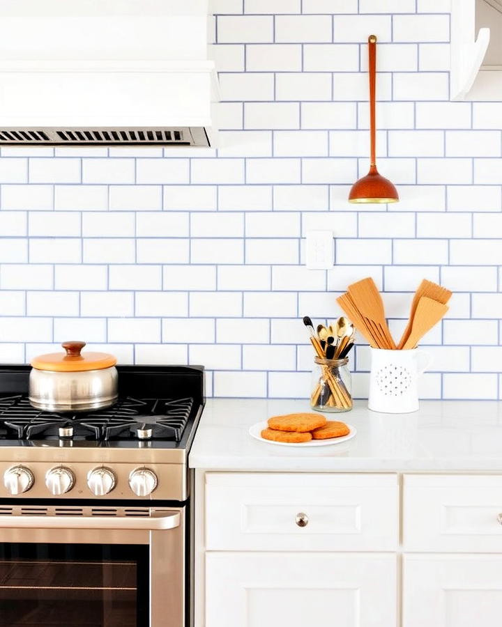 White Subway Tiles Backsplash With Blue Grout