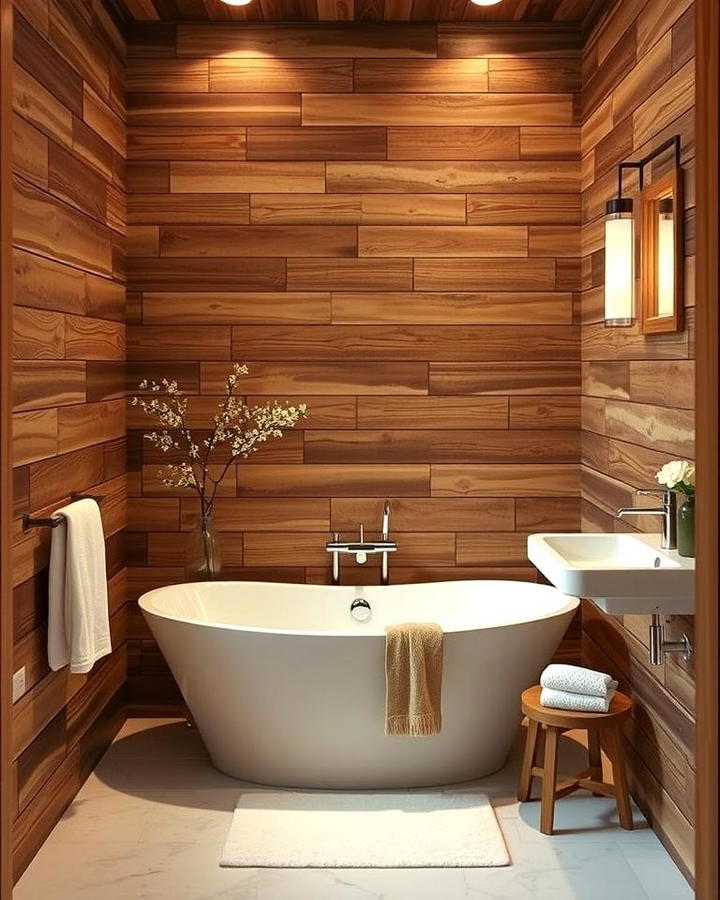 White Tub with Brown Wooden Paneling