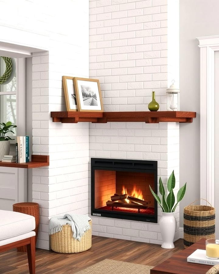 Whitewashed Brick Corner Gas Fireplace