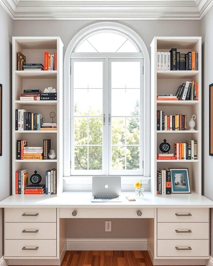 Window Framing Bookcases with a Desk Below