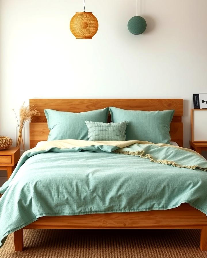 Wooden Bed Frame with Sage Accents