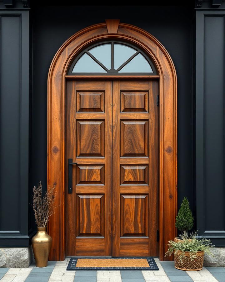 Wooden Front Door Against a Black Facade