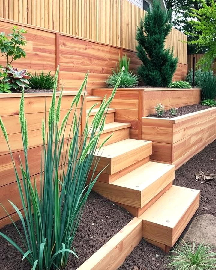 Wooden Retaining Walls with Built In Steps