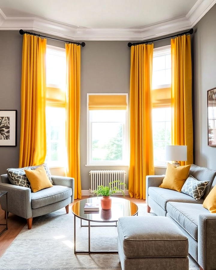 Yellow Curtains With Grey Furniture for Living Room