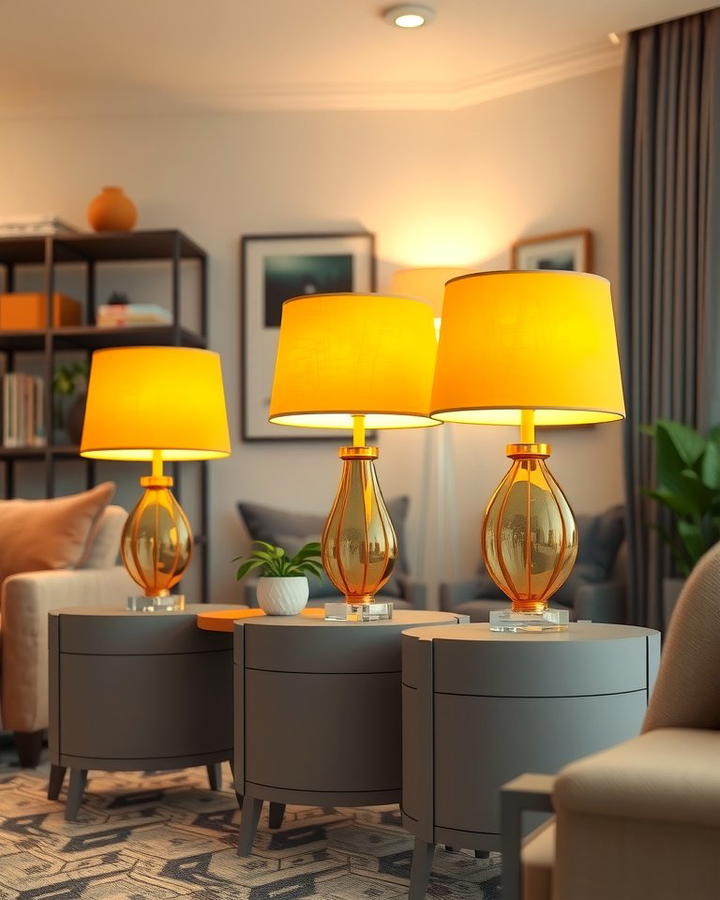 Yellow Lampshades on Grey Side Tables