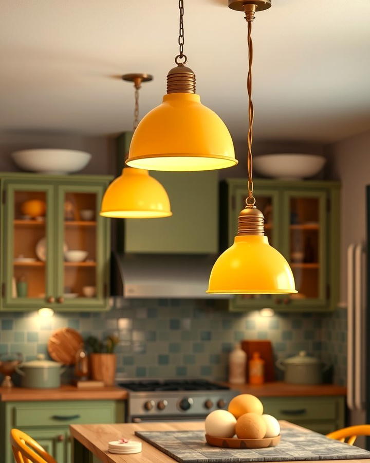 Yellow Lighting Fixtures with Green Cabinets