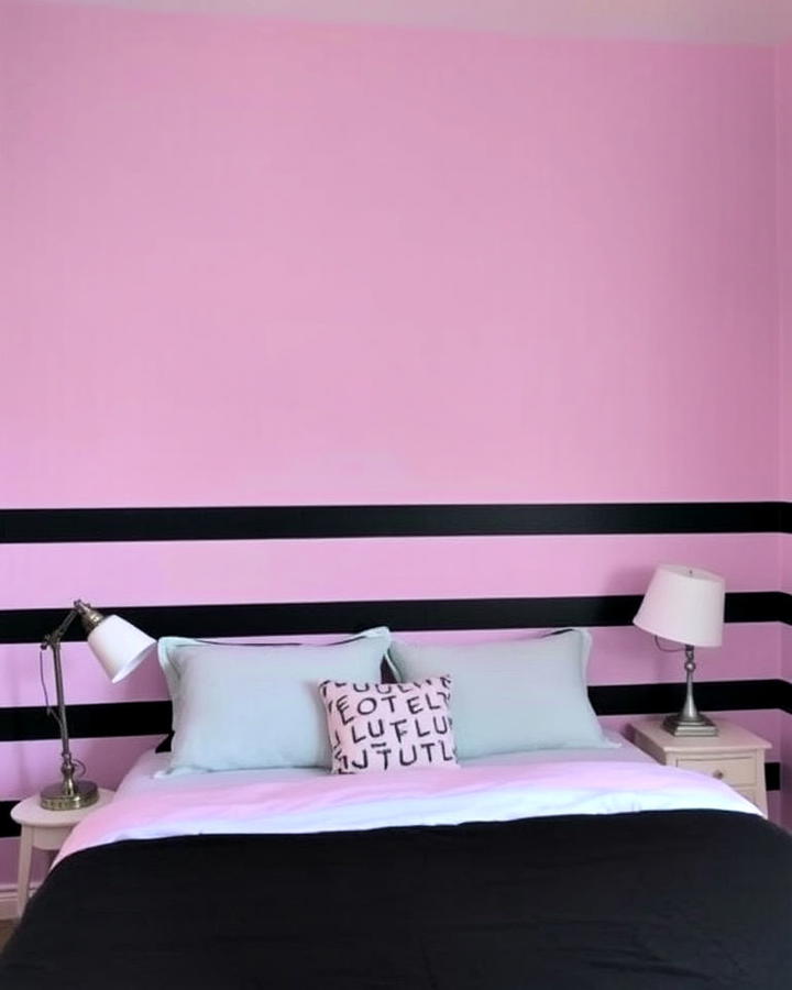 accent wall bedroom with pastel and black stripes