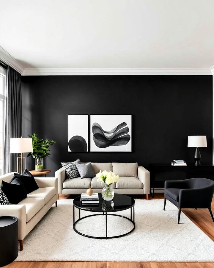 black accent wall in cream living room