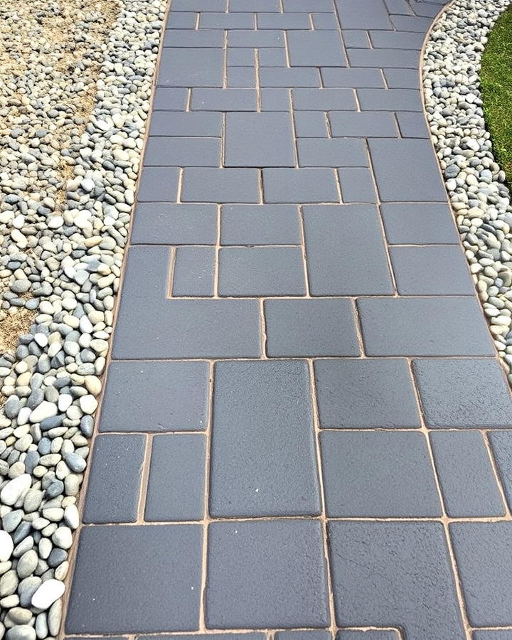 black brick walkway with pebble borders