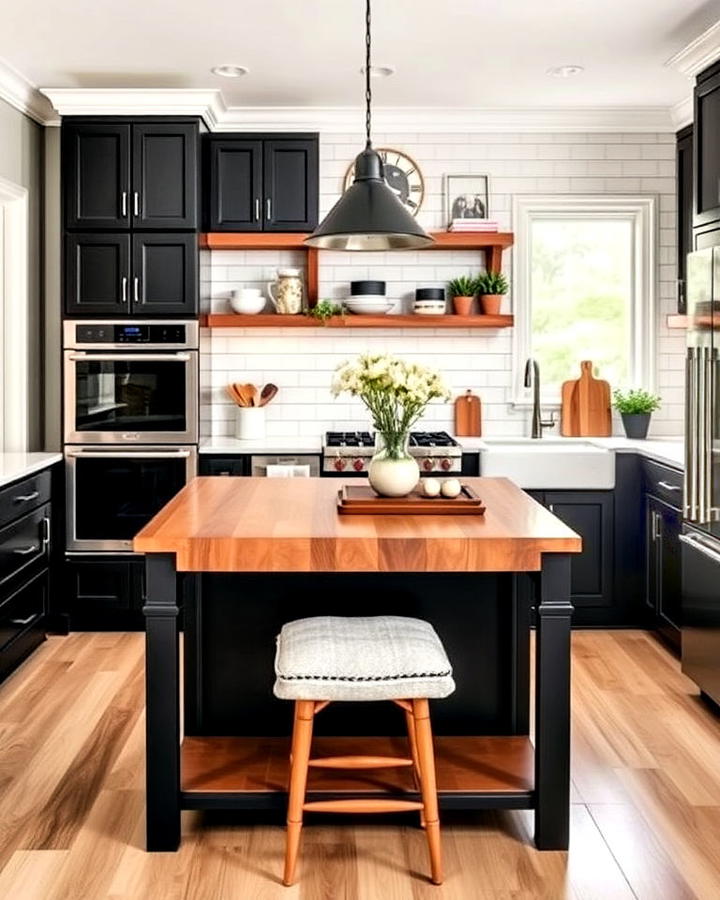 black cabinets with white countertops and wood accents