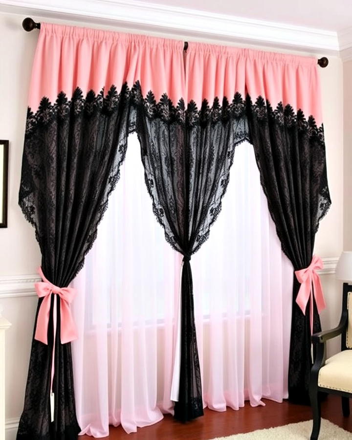 black lace curtains with pastel drapes