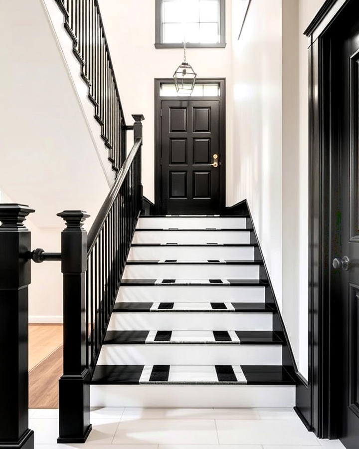 black stair railings with white steps