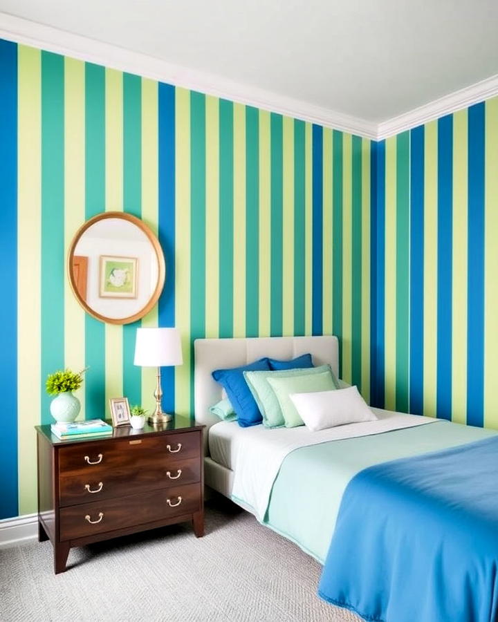 blue and green striped walls bedroom