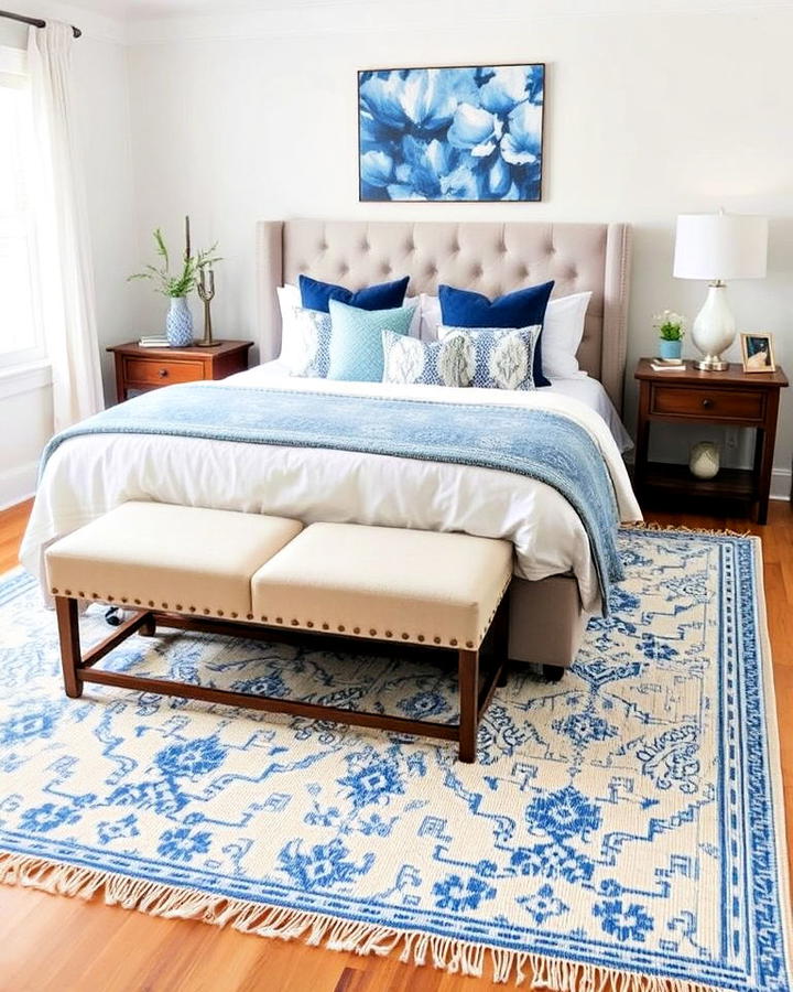 blue and white layered rug bedroom