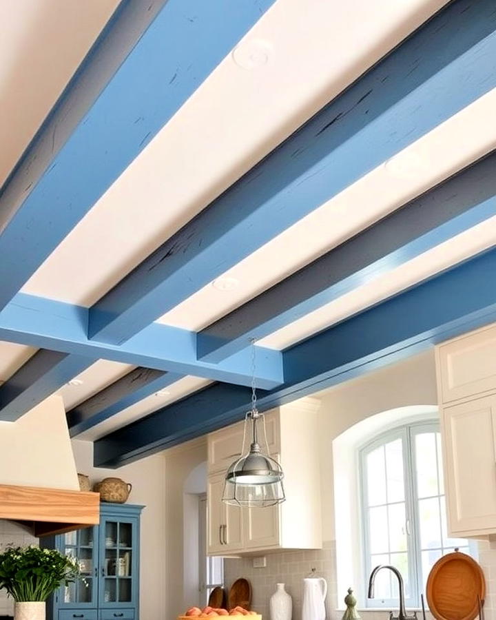 blue wooden beams kitchen