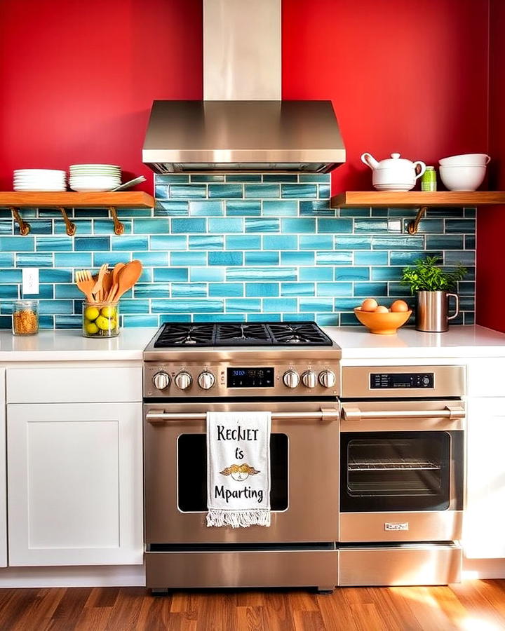 bold color scheme kitchen with stainless steel appliances