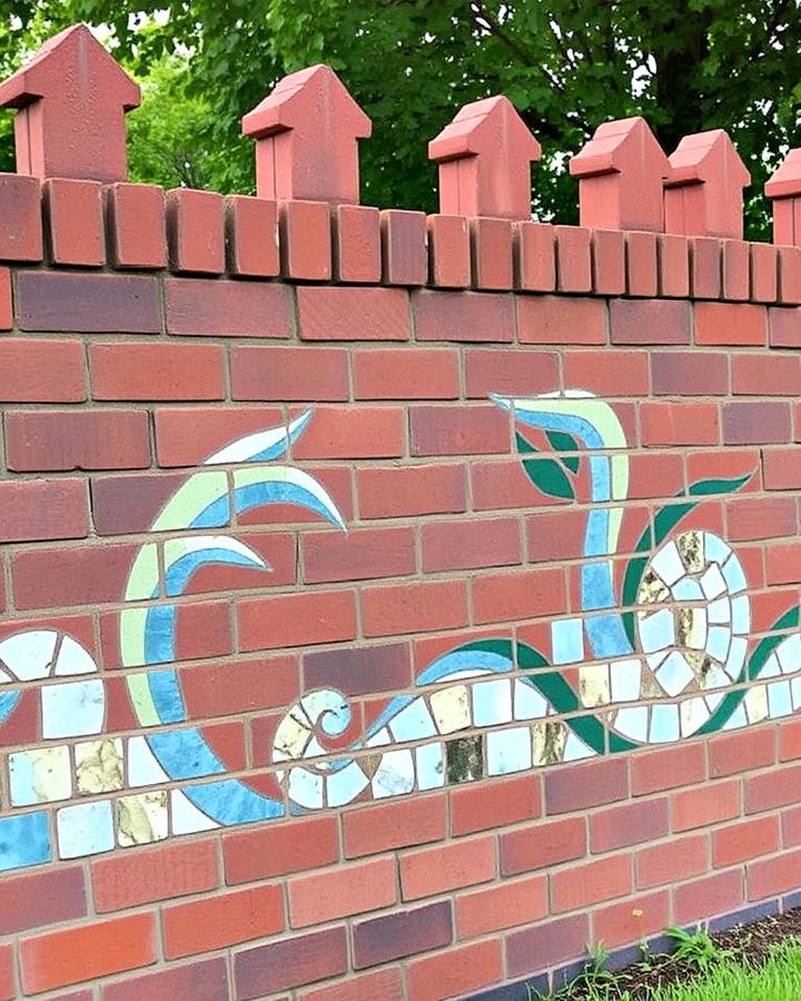 brick fence with mosaic inlays