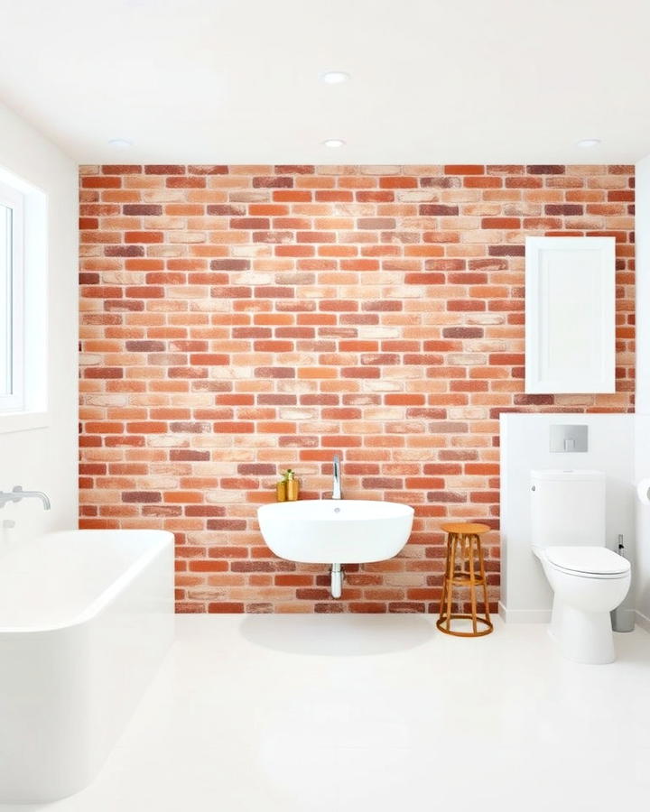 brown brick accent wall in white bathroom