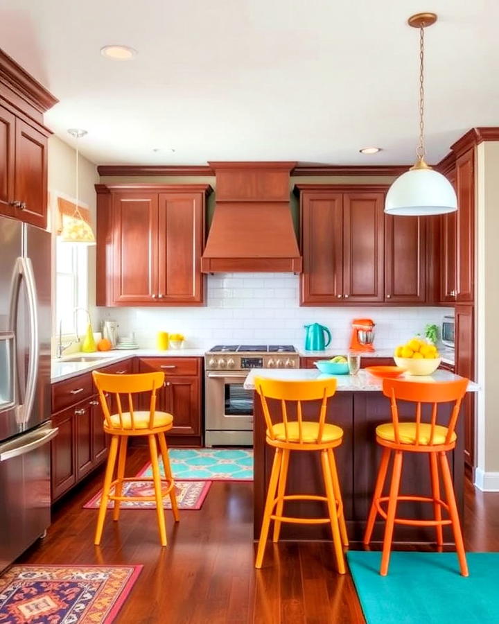 brown cabinets with pops of color stools