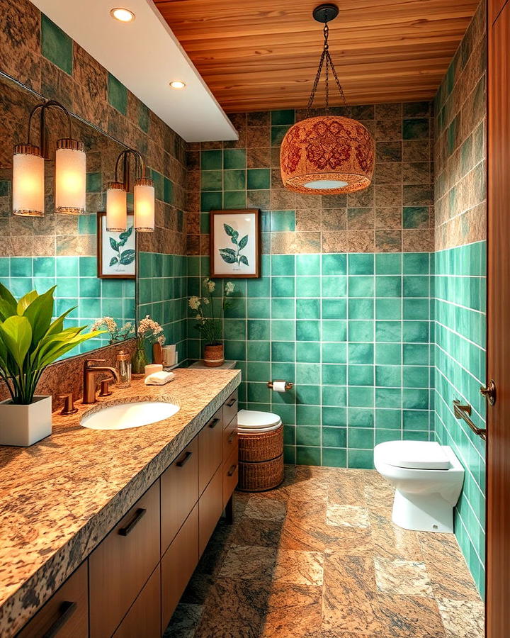 brown granite and green accents bathroom