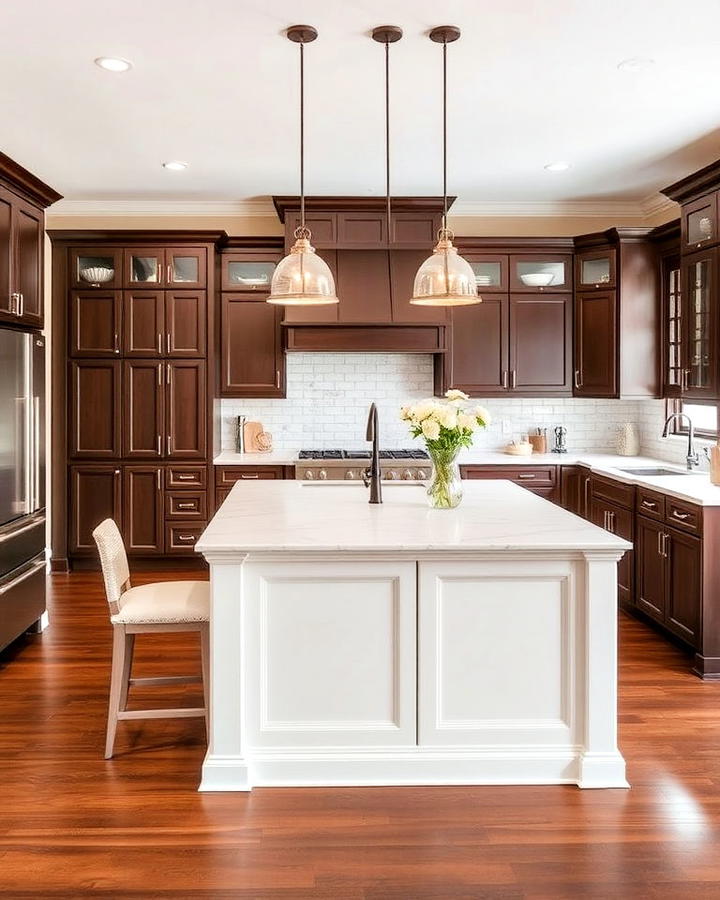 brown kitchen cabinets with contrasting island