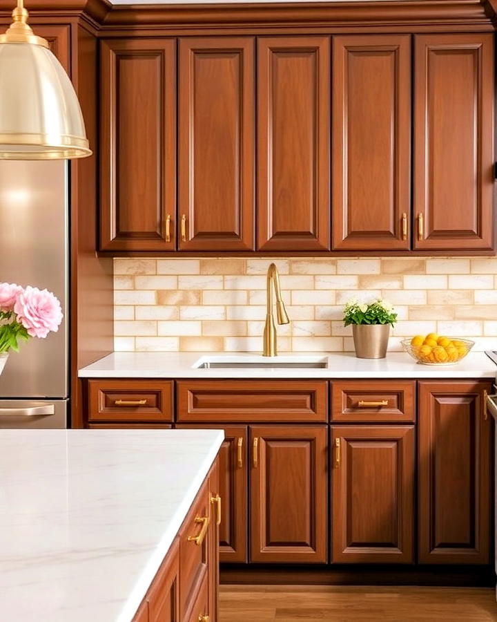 brown kitchen cabinets with gold accents