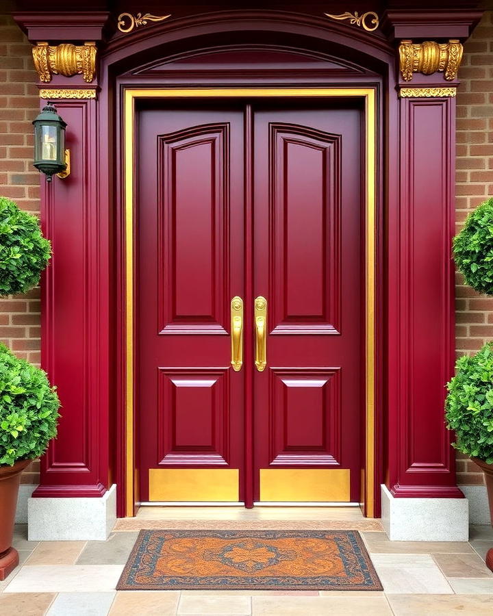 burgundy door with gold leaf detailing