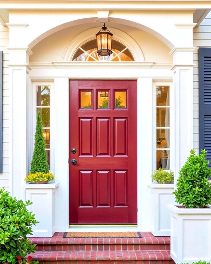 burgundy front door with white surrounds for contrast