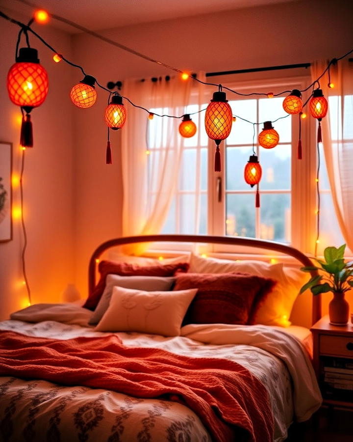 burnt orange string lights bedroom