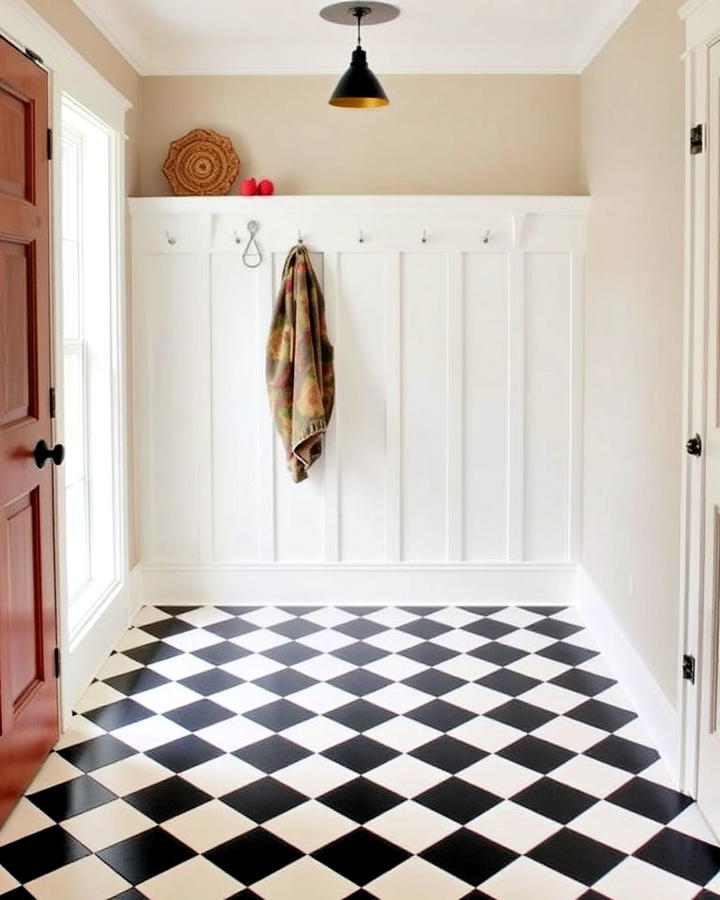 checkerboard flooring mudroom