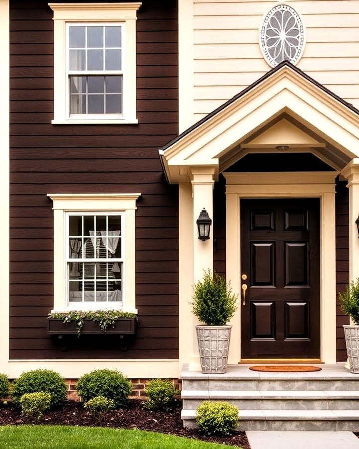 chocolate brown house with cream accents