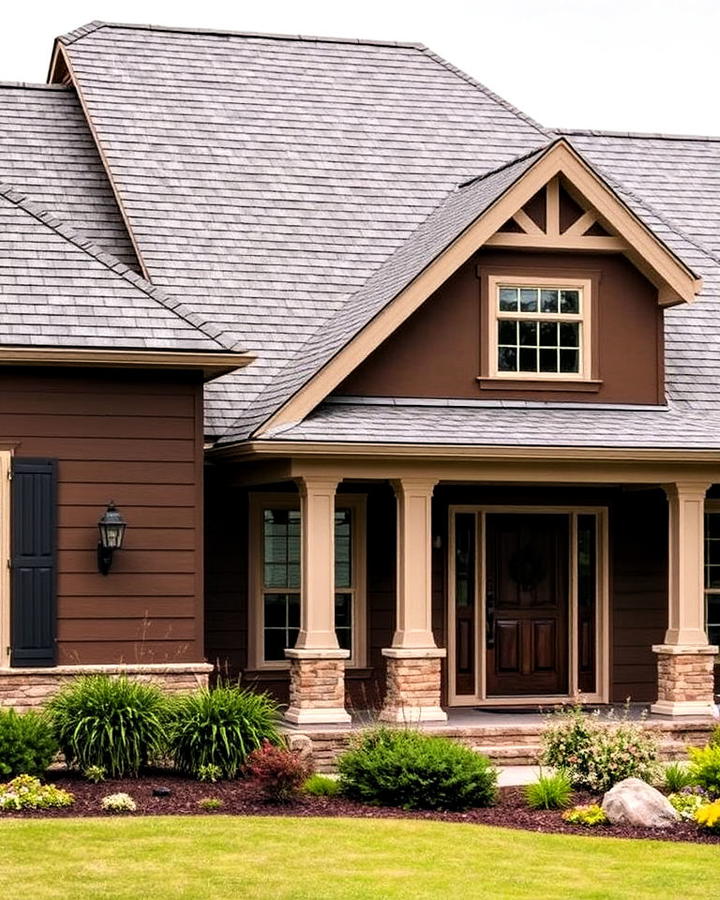 chocolate brown house with gray roof