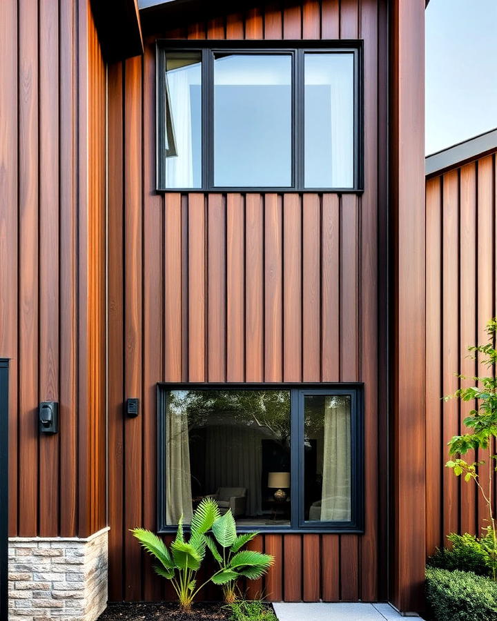 chocolate brown house with vertical paneling