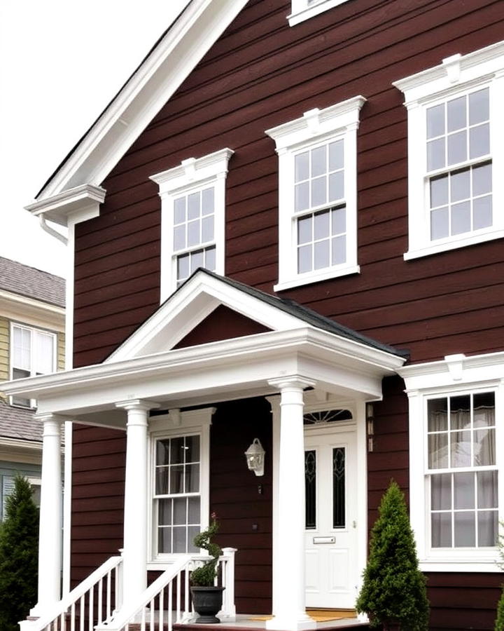 chocolate brown house with white trim for contrast