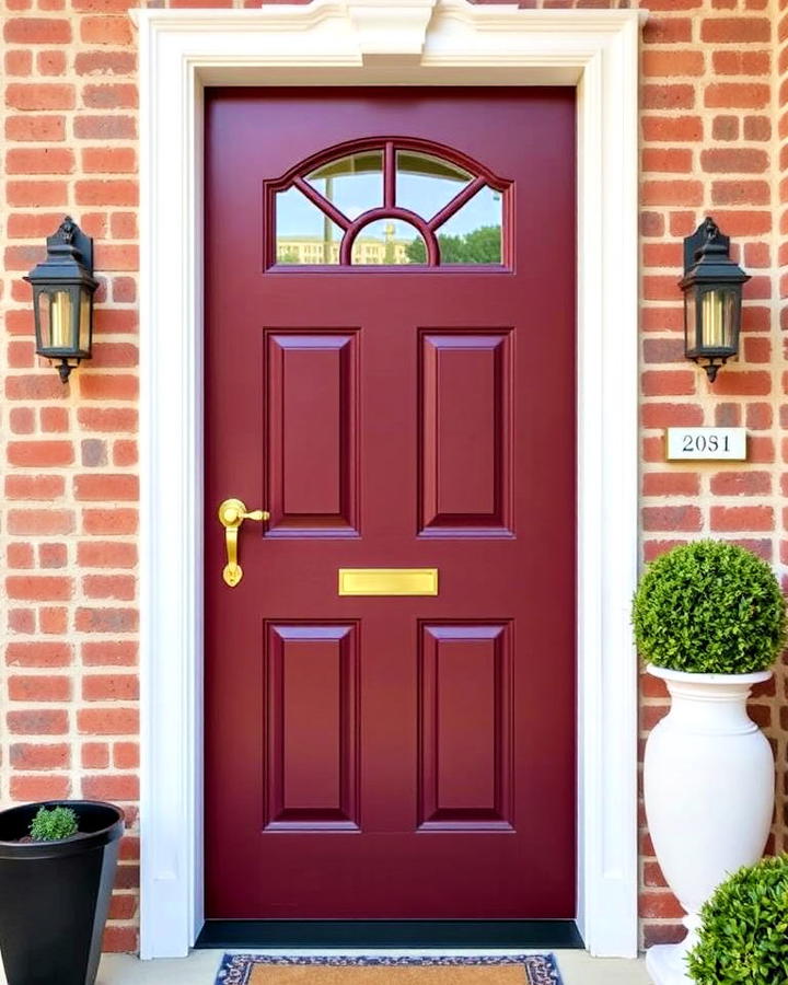 classic burgundy front door with brass accents