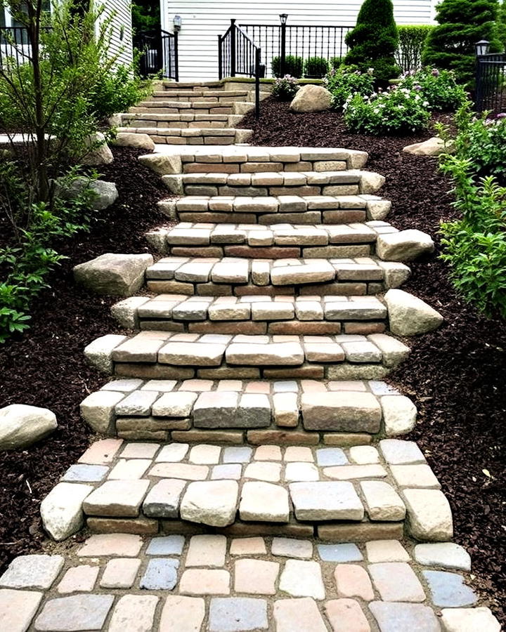 cobblestone patio with natural steps