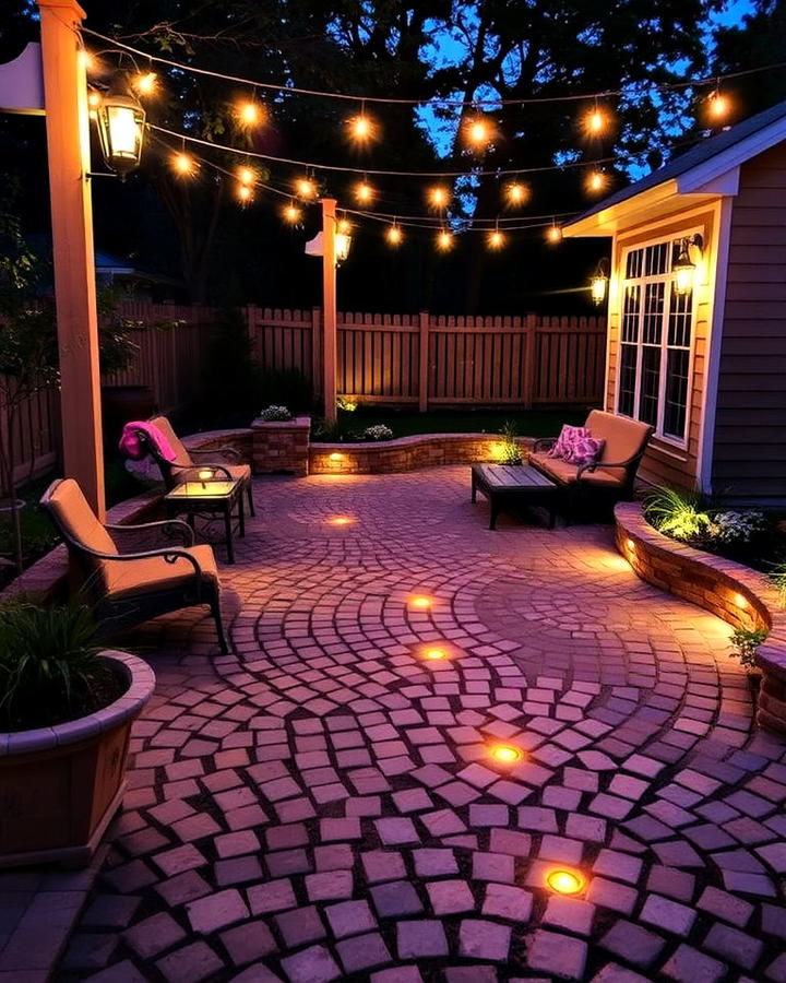 cobblestone patio with outdoor lighting