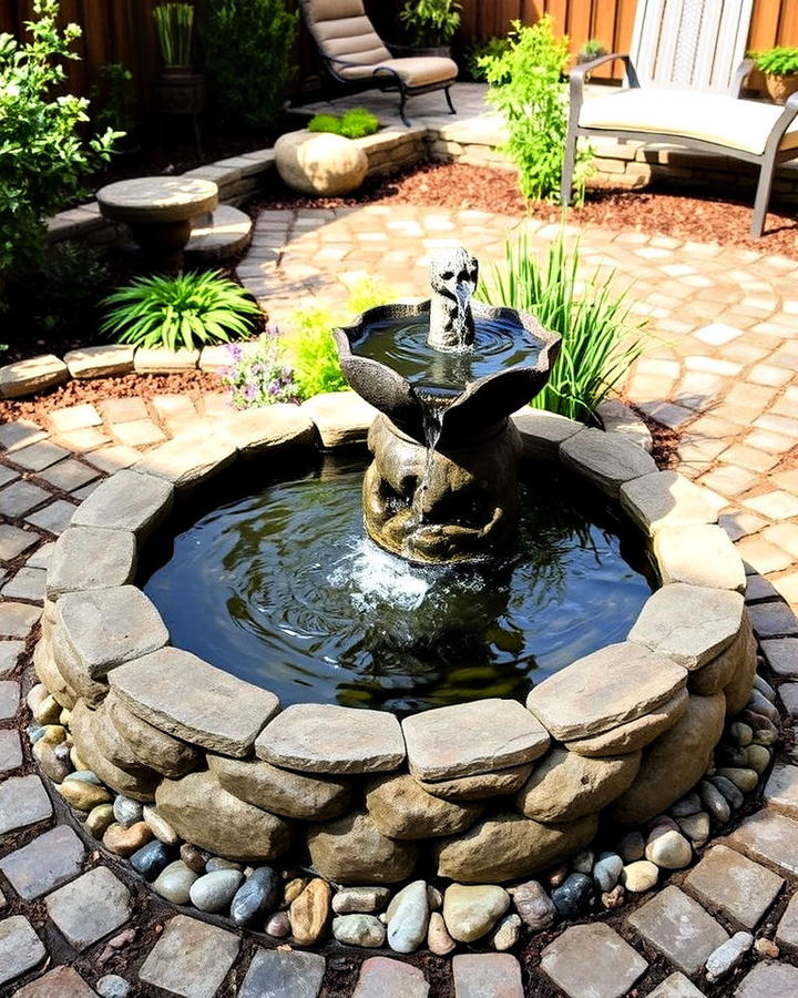 cobblestone patio with water feature