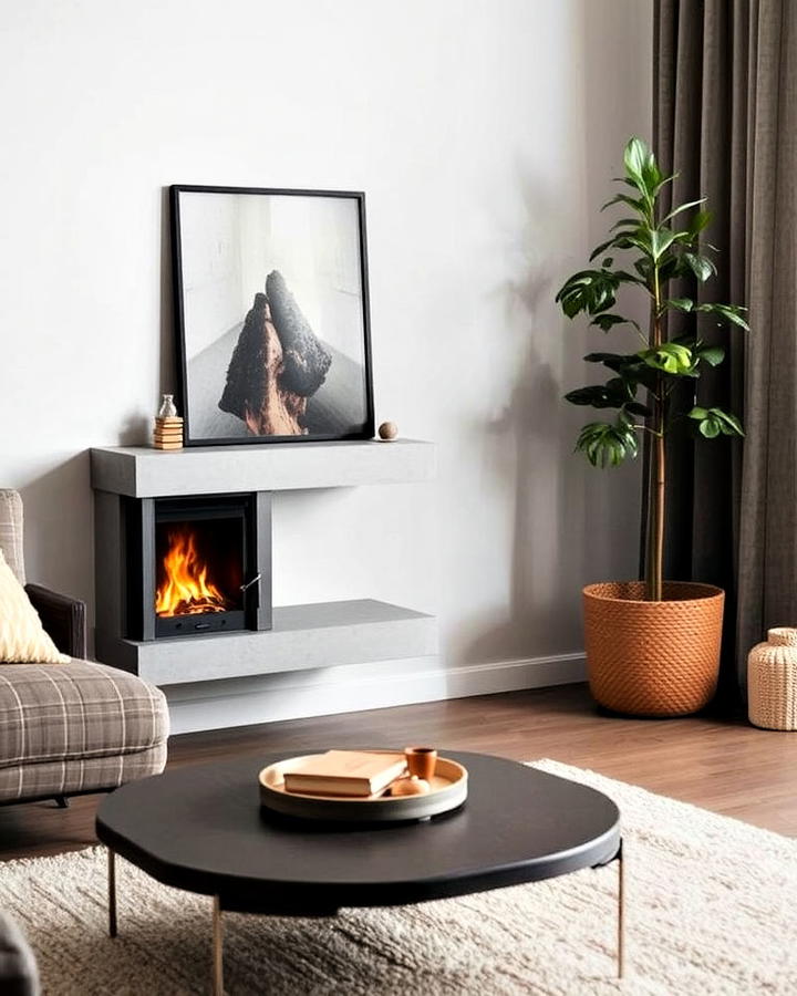 compact concrete fireplace for small space