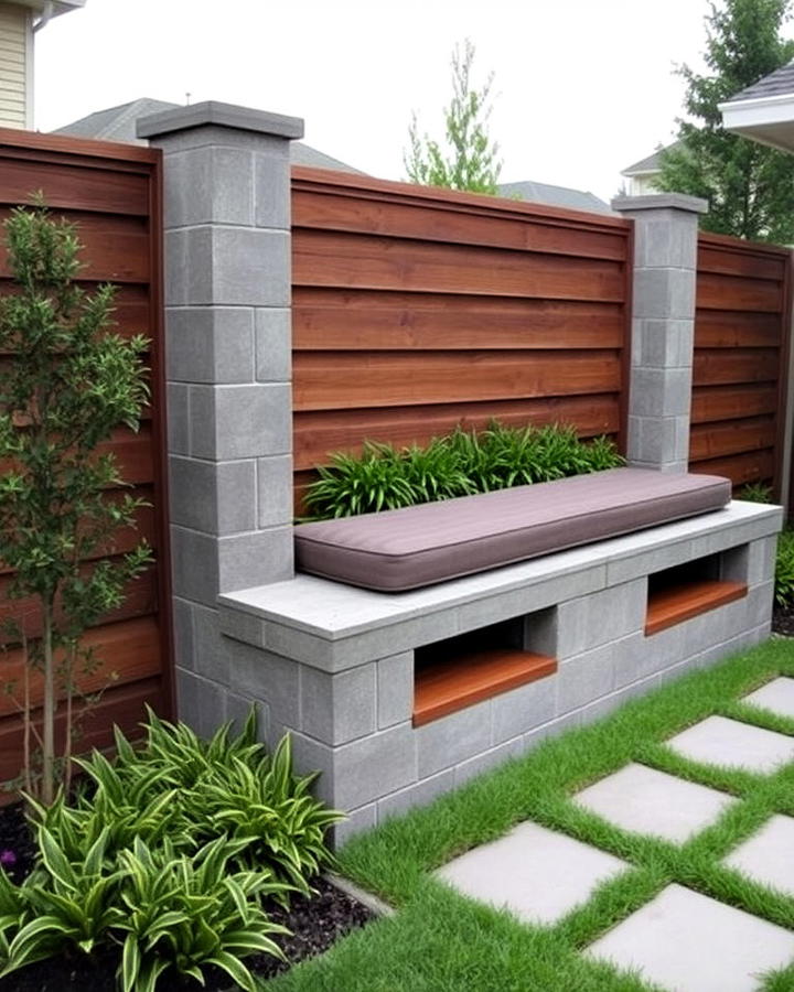 concrete block fence with built in seating