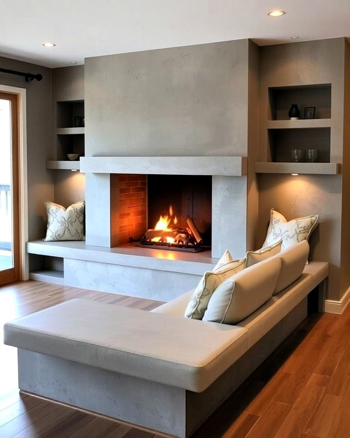 concrete fireplace with built in seating