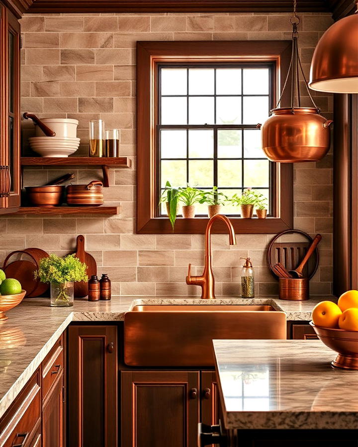 copper accents brown kitchen