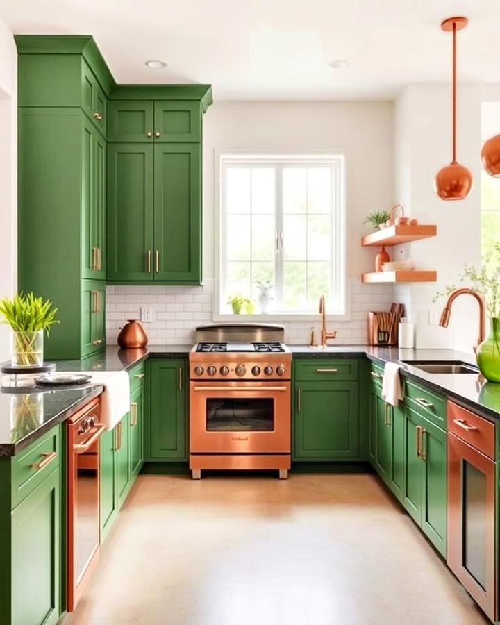 copper appliances with green cabinetry