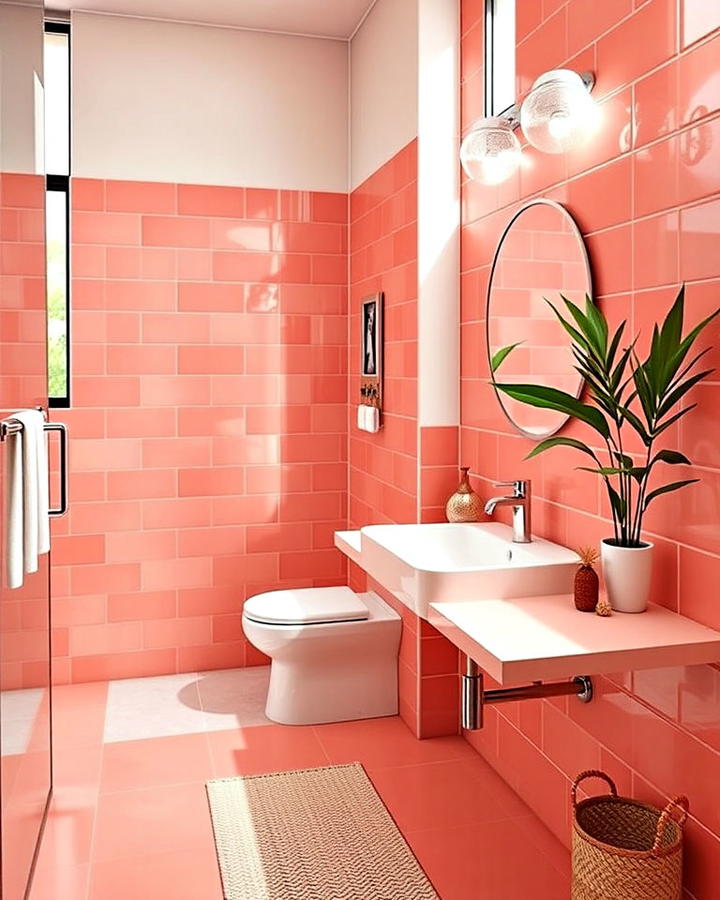 coral pink tiles bathroom for a warm atmosphere