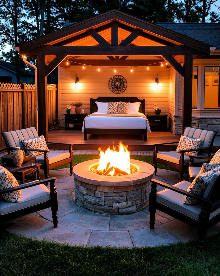 cozy fire pit nearby outdoor bedroom